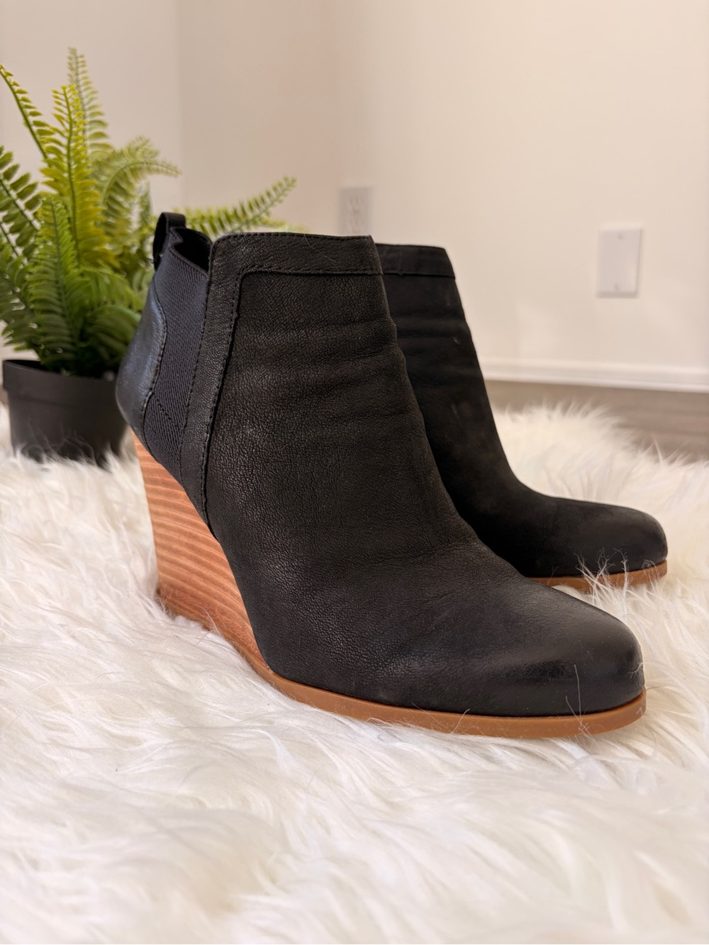 Crown Vintage Black Leather Wedge Booties with Wood-Effect Heel